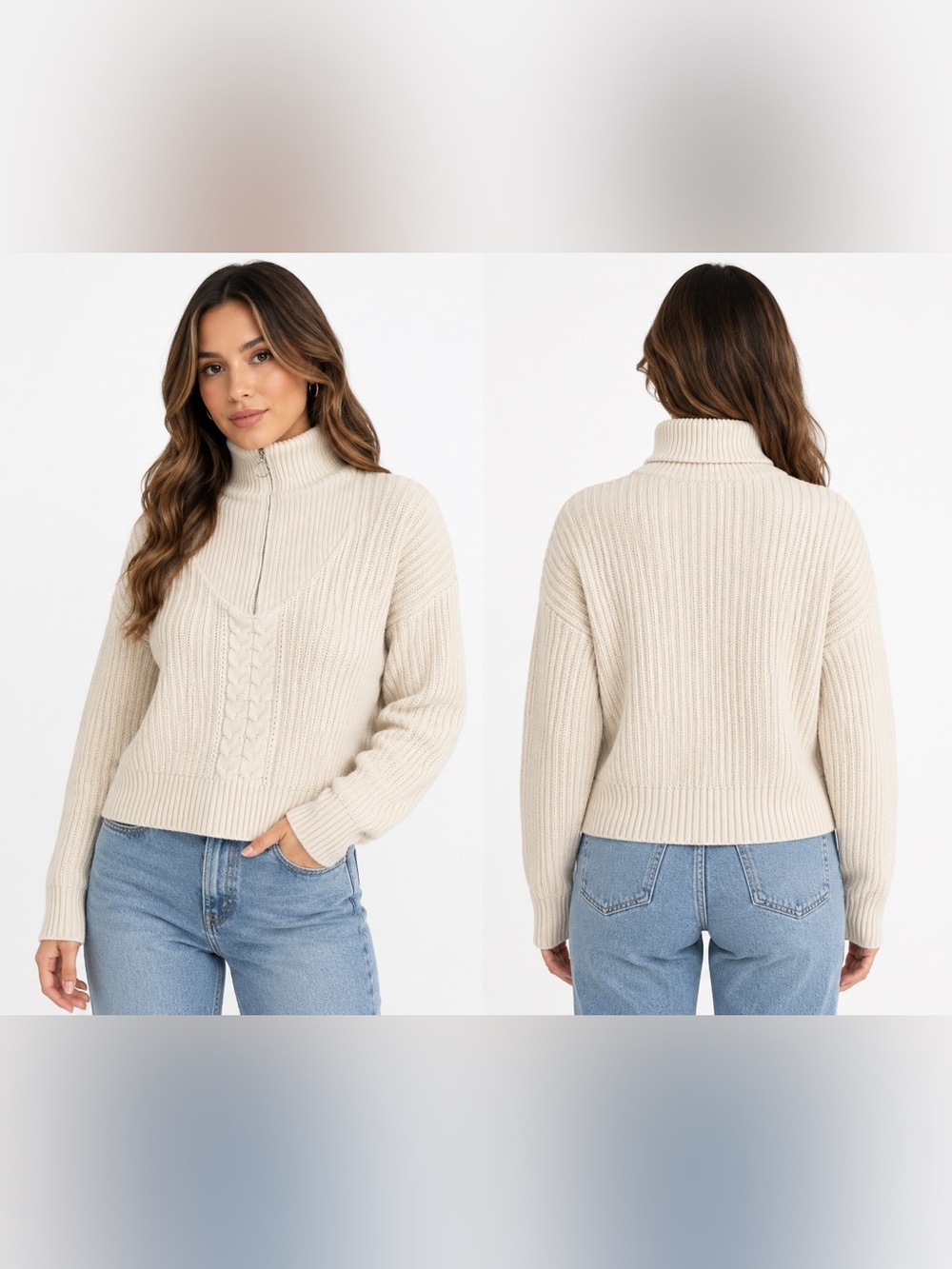Guess  Cozy Cream Half-Zip Cable Front Turtleneck Sweater. Size Medium